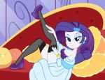 1_girl 1girl black_stockings blue_eyes bra equestria_girls female female_only friendship_is_magic high_heels indoors leg_lift long_hair long_purple_hair looking_at_viewer my_little_pony partially_clothed purple_bra purple_footwear purple_hair rarity rarity_(mlp) solo stockings white_skin