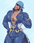 1boy archie_(pokemon) bandanna bara beard big_pecs blue_background blue_bandanna bulge facial_hair hand_on_hip head_tilt ignoet licking_lips looking_at_viewer male male_only muscle muscular muscular_male pecs pokemon pokemon_oras spandex thicc yaoi