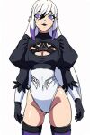  ai_generated ben_10 ben_10:_omniverse bodysuit boob_window charmcaster dyed_hair long_hair long_sleeves maid_uniform nier:_automata purple_hair stockings thighs white_hair yorha_2b_(cosplay) 