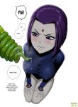 1boy 1girl animal_genitalia beast_boy bodysuit dc_comics fellatrix green_skin grey_skin kneel long_penis nipple_bulge pig pig_penis purple_hair raven_(dc) short_hair steamy_penis teen_titans transformation veiny_penis