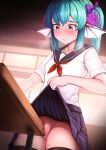  1girl blush clothed desk desk_hump desk_sex finana_ryugu headfins neroshi nijisanji pussy school_uniform table_sex virtual_youtuber vtuber 