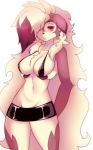 1girl 1girl anthro big_breasts breasts canine claws clothed clothing digital_media_(artwork) fur furry hair looking_at_viewer lycanroc mammal midnight_lycanroc nintendo pokémon raikissu red_fur simple_background video_games white_fur wolf