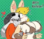  &lt;3 1girl anthro big_breasts bikini bikini_top birthday blonde_hair blue_eyes blush breasts buzz_brambles_(pookahforhire) clothing collar duckdraw eddie_(duckdraw) eyewear furry glasses grope hair hat lagomorph mammal nipple_bulge rabbit smile surprise swimsuit 