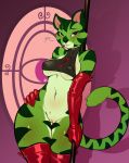 1girl 1girl 2017 anthro armwear avante92 blush bra clothing elbow_gloves feline fur furry gloves green_fur high_res legwear looking_at_viewer mammal pussy samurai_jack smile stripes tiger underwear