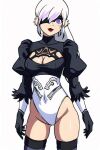  ai_generated ben_10 ben_10:_omniverse bodysuit boob_window charmcaster dyed_hair long_hair long_sleeves maid_uniform nier:_automata purple_hair stockings thighs white_hair yorha_2b_(cosplay) 