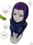 1boy 1girl beast_boy bodysuit dc_comics fellatrix green_skin grey_skin kneel nipple_bulge precum purple_hair raven_(dc) short_hair small_penis small_penis_humiliation teen_titans veiny_penis