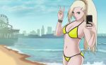 1girl beach blonde_hair edit edited grand_theft_auto_v green_eyes ino_yamanaka iphone juniorhenck long_hair naruto ponytail solo standing swimsuit third-party_edit v v_sign yellow_nails yellow_swimsuit