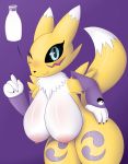  1girl 1girl anthro areola big_breasts black_sclera blue_eyes blush breasts canine digimon fur furry huge_breasts looking_at_viewer mammal milk nipples nude one_eye_closed pandashorts renamon simple_background smile tuft video_games white_fur wide_hips wink yellow_fur 