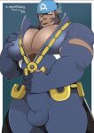  1boy archie_(pokemon) bandanna bara beard big_pecs blue_background blue_bandanna bulge erection_under_clothes facial_hair looking_at_viewer male male_only muscle muscular muscular_male pecs penis_grab pokemon testicles white_border 