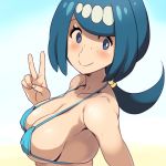  1girl :&gt; :) bare_shoulders bikini bikini_top blue_bikini blue_bikini_top blue_eyes blue_hair blush breasts cleavage collarbone e_keroron freckles from_side lana&#039;s_mother large_breasts looking_at_viewer mature milf pokemon pokemon_(anime) pokemon_(game) pokemon_sm ponytail pose sideboob smile solo string_bikini suiren&#039;s_mother sweatdrop swimsuit underboob upper_body v 