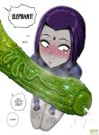 1boy 1girl animal_genitalia beast_boy big_penis bodysuit dc_comics elemental_creature elephant_penis fellatrix green_skin grey_skin kneel nipple_bulge purple_hair raven_(dc) short_hair sweaty_face teen_titans