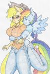 2017 2girls anthro anthrofied applejack blush cowboy_hat duo equine flicker-show freckles friendship_is_magic furry hair hat horse hug_from_behind hugging mammal multicolored_hair muscular muscular_female my_little_pony nipple_bulge pegasus pony rainbow_dash rainbow_hair traditional_media_(artwork) wings yuri