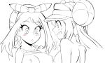 2girls blush haruka_(pokemon) haruka_(pokemon)_(remake) lewdamondo may mei_(pokemon) monochrome pokemon pokemon_(game) pokemon_bw2 pokemon_oras porkyman rosa shirt_lift smile