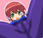  1girl 1girl 1girl aile anus blush bodysuit breasts brown_hair cameltoe clitoris erect_clitoris fat_mons green_eyes latex mega_man_zx megaman megaman_zx no_panties no_pants oekaki pussy see-through short_hair skin_tight small_breasts spandex spread_legs tear tears uncensored 