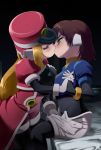 1girl 2_girls aile bed blonde_hair blush breast_grab breast_squeeze breasts brown_hair closed_eyes clothing green_eyes holding_hands kissing kissing long_hair machbow megaman megaman_zx multiple_girls mutual_yuri prairie short_hair yuri