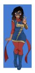 1girl blush boots brown_eyes brown_hair brown_skin dark-skinned_female eyemask female_only full_body kamala_khan marvel marvel_comics ms._marvel muslim_female peace_sign red_scarf scarf solo_female superheroine tall_image v wide_hips