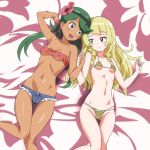 2_girls :d art bare_shoulders bed bikini blonde_hair blush braid breasts closed_mouth dark-skinned_female dark_skin flat_chest flower friends green_eyes green_hair hair_flower hair_ornament hairband interlocked_fingers light-skinned_female lillie lillie_(pokemon) long_hair looking_at_viewer love lying mallow mallow_(pokemon) mao_(pokemon) midriff multiple_girls mutual_yuri navel nintendo on_back ontaros open_mouth pokemon pokemon_(anime) pokemon_(game) pokemon_sm small_breasts smile swimsuit twin_braids twin_tails yellow_bikini yuri