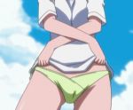  &gt;_&lt; anime beach bikini blush bouncing_breasts cleavage day daytime ecchi embarrassed gif green_bikini kemeko_deluxe kemeko_deluxe! makihara_izumi shirt_lift undressing 