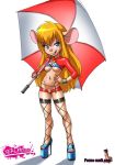 1girl animal_ears blonde_hair blue_eyes breasts chip_'n_dale_rescue_rangers cute fishnets furry gadget_hackwrench high_heels long_hair looking_at_viewer mouse navel_piercing piercing platform_heels shitapai smile tail tekuho_(artist) umbrella underboob