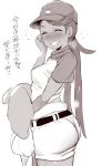  ^_^ ass baseball_cap baseball_outfit baseball_uniform blush breasts happy mallow mallow_(pokemon) mao_(pokemon) medium_breasts monochrome noripachi pokemon pokemon_(anime) pokemon_sm smile sportswear sweat sweatdrop sweating text translation_request 