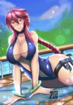  1girl :) ass big_ass big_breasts blue_swimsuit bracelet breasts collar female_only ironscale_shyvana league_of_legends legacy_series looking_at_viewer one-piece_swimsuit patreon red_eyes red_hair shyvana signature smile solo_female swimsuit thick_thighs torahime_(roland00) web_address web_address_with_path 