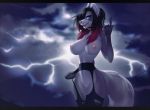 1girl 1girl anthro areola blue_eyes breasts canine clothing cloud collar fur furry garter ghostli grey_fur hair legwear lightning looking_at_viewer mammal mountain nipples pussy sky smile spiked_collar spikes standing stockings tongue tongue_out wide_hips wolf