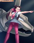  big_breasts breasts clothed female female_human holding_poke_ball long_hair onix pantyhose pointing pokeball pokemon reit roxanne solo standing tights tsutsuji_(pokemon) upskirt 