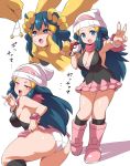 1girl :d alternate_breast_size ass beanie big_breasts blue_eyes blush breasts cleavage dawn dawn_(pokemon) full_body glowing glowing_eyes half-closed_eyes hat highres hikari_(pokemon) holding_poke_ball hypno hypnosis konno_tohiro large_breasts long_hair looking_at_viewer mind_control naughty_face open_mouth panties pink_scarf pink_skirt poke_ball pokemon pokemon_(creature) pokemon_(game) pokemon_dppt scarf sideboob simple_background skirt skirt_lift smile standing sweat sweatdrop text thighs tongue tongue_out translated underwear v white_background white_panties