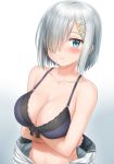  1girl absurdres blue_bra blue_eyes blush bra breasts clothes_around_waist collarbone crossed_arms cute gradient gradient_background hair_ornament hair_over_one_eye hairclip hamakaze_(kantai_collection) highres kantai_collection lace lace_bra large_breasts looking_at_viewer nedia_r partially_undressed school_uniform serafuku short_hair silver_hair solo underwear upper_body white_hair 