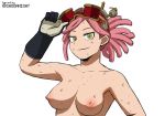 1_girl 1girl breasts hair high_resolution medium_hair mei_hatsume my_hero_academia nipples nude pink_hair shoganight simple_background sweat topless white_background