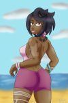  beach big_breasts bracelet breasts clothed dark-skinned_female dark_skin deviantart earrings green_nails lipstick looking_at_viewer looking_back lychee_(pokemon) nail_polish non_nude olivia olivia_(pokemon) pokemon pokemon_sm shawn-oblivious sideboob sinnamon-toast-crunch smile watermark 