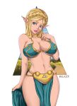 1girl absurd_res alluring alternate_breast_size bikini blonde_hair blue_eyes bottomless_loincloth braid cleavage eyelashes female female_only harem_bikini harem_outfit high_res hourglass_figure hylian loincloth long_hair metal_bikini navel neck_ring nintendo pelvic_curtain pointy_ears princess_zelda salaiix smile the_legend_of_zelda the_legend_of_zelda:_tears_of_the_kingdom triforce wide_hips