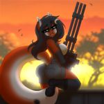 1girl 1girl anthro areola ass big_ass black_hair boots breasts canine chococosalo clothed clothing footwear fur furry gatling_gun gun hair high_res looking_at_viewer machine_gun mammal nipples outside ranged_weapon smile weapon