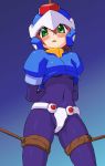  1girl 1girl aile armor blue_background blush bodysuit bondage breasts brown_hair green_eyes helmet latex looking_at_viewer mega_man_zx megaman megaman_zx model_x no_pants oekaki panties rope skin_tight small_breasts spandex thighs thong tied under_boob 