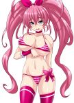 1girl big_breasts bikini blue_eyes blush bow breast_lift breasts cure_melody cute houjou_hibiki konno_tohiro long_hair looking_at_viewer pink_bikini pink_bow pink_hair pink_ribbon precure ribbon smile striped_bikini suite_precure