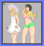 artist_request big_breasts drink juice lillie lillie_(pokemon) looking_back moon_(pokemon) moon_(trainer) pokemon pokemon_(game) pokemon_sm porkyman shirt_lift signature soda