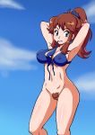 alluring beach bikini bikini_bottom_removed blue_(pokemon) blue_bikini female_pubic_hair leaf_(pokemon) naked_from_the_waist_down pokemon pokemon_(game) pokemon_frlg pokemon_sm porkyman pubic_hair rb2k red_(pokemon)