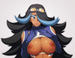 big_breasts breast breast_suppress dark-skinned_female dark_skin eyeshadow goggles goggles_on_head grey_background hair_over_one_eye izumi_(pokemon) izumi_(pokemon)_(remake) kiki_(uxoia) lips nipples pokemon pokemon_(game) pokemon_oras porkyman shelly shelly_(remake) shirt_lift shohei_umashima shoulder_cutout simple_background solo sweatdrop tan_skin team_aqua two_tone_hair upper_body