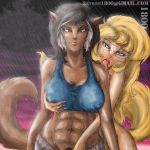  1800 brown_fur callie_briggs duo_focus eyewear facial_hair felina_feral furry hair muscular pubic_hair raining swat_kats text undressing 