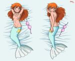  1_female 1_human 1girl 2017 alternate_version_available blush bra bra_removed breasts costume dakimakura earrings female female_human female_only female_teen hair hairless_pussy indoors kasumi_(pokemon) long_hair looking_at_viewer looking_back lying madoc makeup mermaid mermaid_(cosplay) misty navel necklace nipples nude orange_hair pink_bra pokemon pokemon_(anime) pussy signature solo solo_female teen topless 