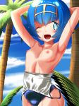 ;d arms_behind_head hands_behind_head happy lana looking_at_viewer one-piece_swimsuit pokemon pokemon_(game) pokemon_sm porkyman small_breasts smile suiren_(pokemon) sweating swimsuit tamezou topless wet wink