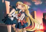  2girls art bare_legs bishoujo_senshi_sailor_moon black_skirt blonde blonde_hair blue_eyes blush building choker closed_eyes double_bun dress hand_holding haruka_ten&#039;ou haruka_tenoh kissing legs looking_at_another love magical_girl multiple_girls neck necklace outside sailor_moon sailor_uranus short_hair skirt sleeveless standing surprised twin_tails usagi_tsukino very_long_hair yuri 