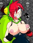 1girl 1girl breasts dementia earrings elbow_gloves gloves red_hair tongue villainous