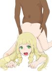  1boy 1girl 2_humans all_fours ass_grab d: dark-skinned_male doggy_position duo female female_human female_teen from_behind green_eyes hair human human/human human_only interracial kneeling light-skinned_female lillie lillie_(pokemon) looking_at_viewer male male/female male_human nude pokemon pokemon_(anime) pokemon_(game) pokemon_sm porkyman questionable_consent sex sweatdrop teen top-down_bottom-up waist_grab white_background 