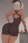  1girl ass back bea_(pokemon) big_ass bow creatures_(company) dark-skinned_female dark_skin game_freak grey_hair gym_leader hair_bow highres huge_ass humans_of_pokemon nintendo poke_ball pokemon pokemon_(anime) pokemon_(game) pokemon_sword_&amp;_shield pokemon_swsh saitou_(pokemon) shexyo short_hair solo thighs unitard white_hair 