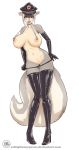 1girl 1girl anthro big_breasts big_tail blue_eyes boots breasts chain clothing esmeralda footwear fur furry gloves grey_fur hair hat huge_breasts lips mammal nipples piercing pussy short_hair skunk striped_tail stripes white_fur white_hair zaftigbunnypress