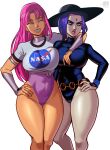  2girls armwear belt big_breasts black_leotard breasts cartoon_network dc dc_comics female female_only forehead_jewel green_eyes grey_body grey_skin hair hand_on_hip hat headwear hips huge_breasts jerkdibuja koriand&#039;r leotard lips long_hair no_text pink_hair pink_leotard purple_hair rachel_roth raven_(dc) short_hair smile starfire tagme teen_titans teen_titans_go thick_thighs thighs white_background wide_hips 