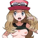  bloggerman blush flicking_hair game_freak hair_flick hair_flip hair_lift looking_to_the_side nintendo no_bra non-english_tag open_mouth pokemon pokemon_(game) pokemon_(series) pokemon_xy serena serena_(pokemon) shirt_lift teeth upper_body うごたまろ 