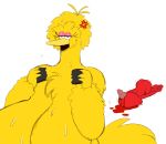 1girl annoyed anthro avian big_bird bird blood breasts cleavage clothed clothing duo elmo furry male muppet muppets overweight overweight_female sesame_street slightly_chubby sssonic2 sweat tagme