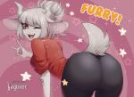  1girl 1girl anthro ass big_ass big_ears bottomwear bovid caprine clothing fur goat goat_lucifer_(helltaker) hair helltaker horizontal_pupils horn kageniec looking_at_viewer lucifer_(helltaker) mammal one_eye_closed open_mouth pants presenting presenting_hindquarters pupils red_eyes shirt smile topwear white_body white_fur white_hair wink 